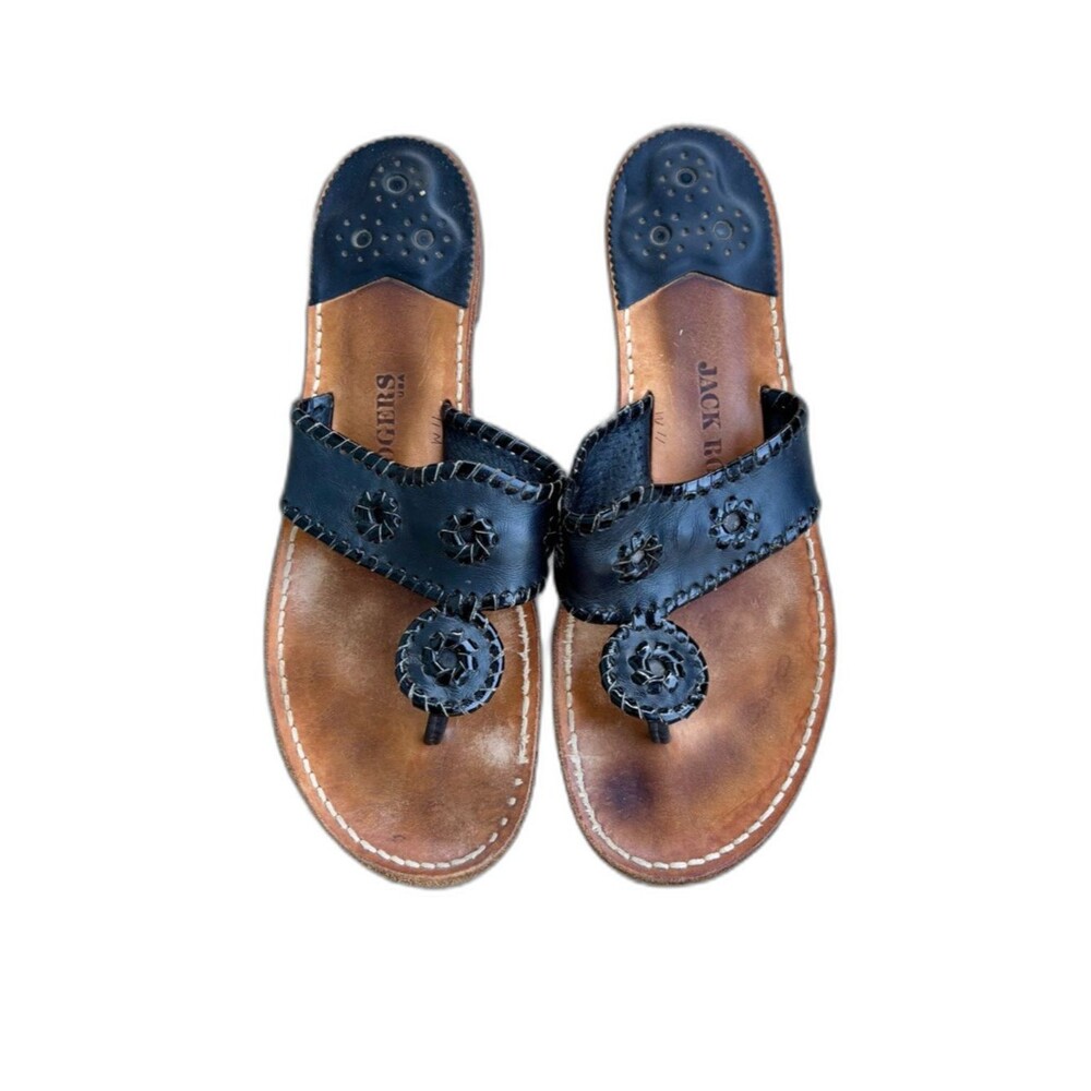 Jack Rogers Navajo Sandals Flip Flops Black Leather Thongs Whipstitch 11